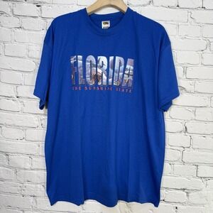Vintage Florida T-Shirt 2XL Shark Puff Print Blue Short Sleeve Early 2000s